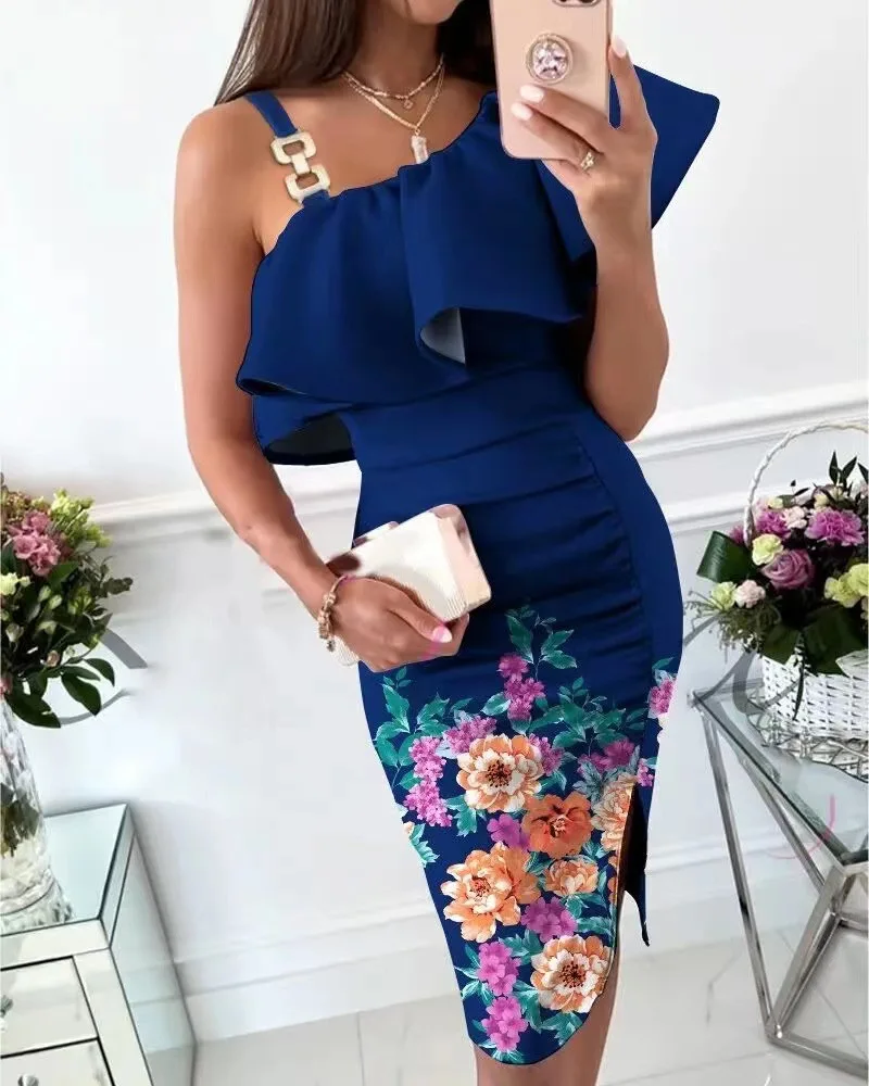 

Summer Elegant One-Shoulder Draped Party Dress Sexy Ruffle Collar Slit Solid Midi Dress Office Ladies Casual Backless Slim Dress