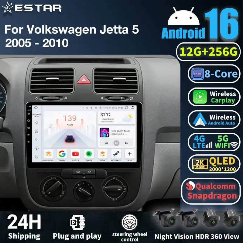Фото Автомагнитола Android 16 для Volkswagen VW GOLF MK5 JETTA GLI RABBIT 2003-2010, навигационная система, GPS, мультимедийный плеер, стерео, QLED, Bluetooth №1