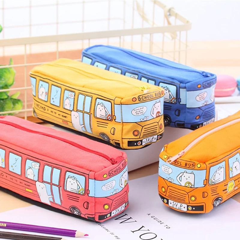 Kawaii Cartoon Bus Pencil Bag Canvas Large Capacity Car Zipper Pen Pencilcase For Student Stationery School Supplies Gifts Пенал