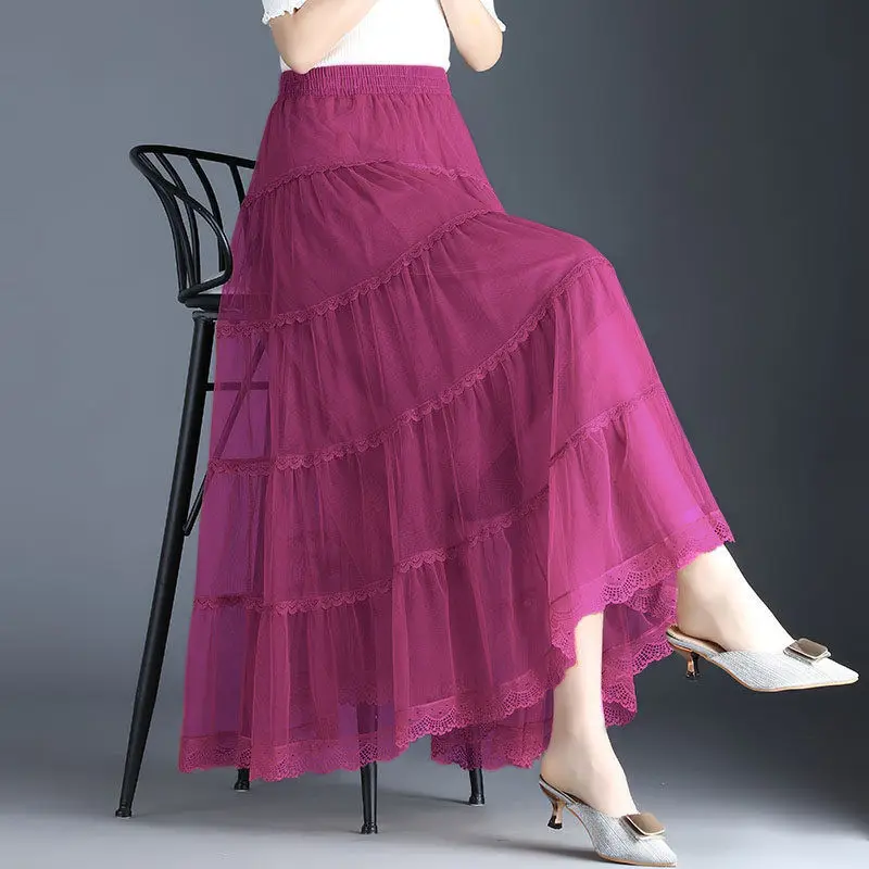 Three-layer Big Swing Gauze Skirt Women's Spring and Summer New Solid Long Skirt A-line Pleated Cake Skirt
