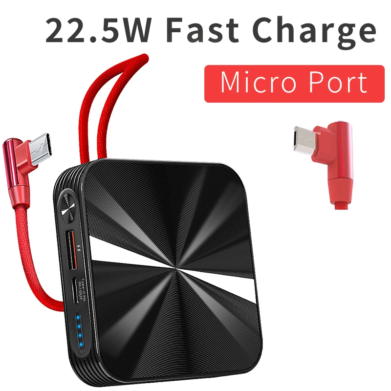 

10000mAh Portable Small Size Power Bank With Built-in Micro Port Cable PD 20W QC 22.5W Quick Charge Mobile Power Spare Battery