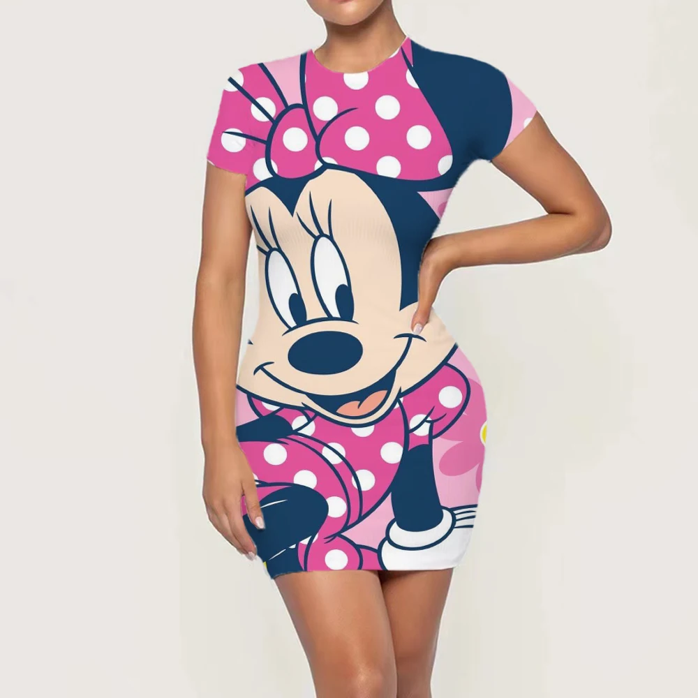 

Women's Bodysuit Disney Cartoon Mickey and Minnie Print Cute Dress Top Summer Casual Women Elegant Fashion Dress