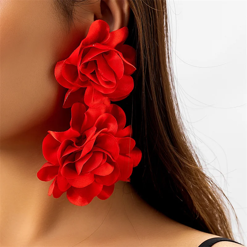 

1 Pair Exaggerated Large Flower Earrings Red White Color Romantic Party Wedding Drop Earrings Fashion Jewelry Girls Gift