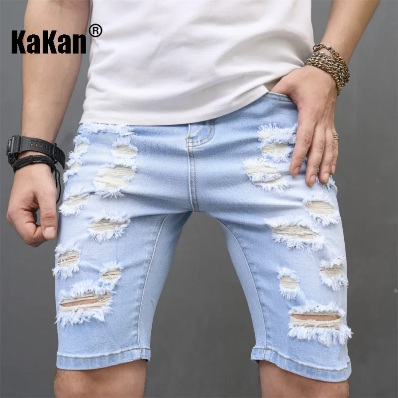 Kakan - European and American Summer New Distressed Stretch Tight Jeans for Men, Casual Light Colored Quarter Pants Jeans K9-635