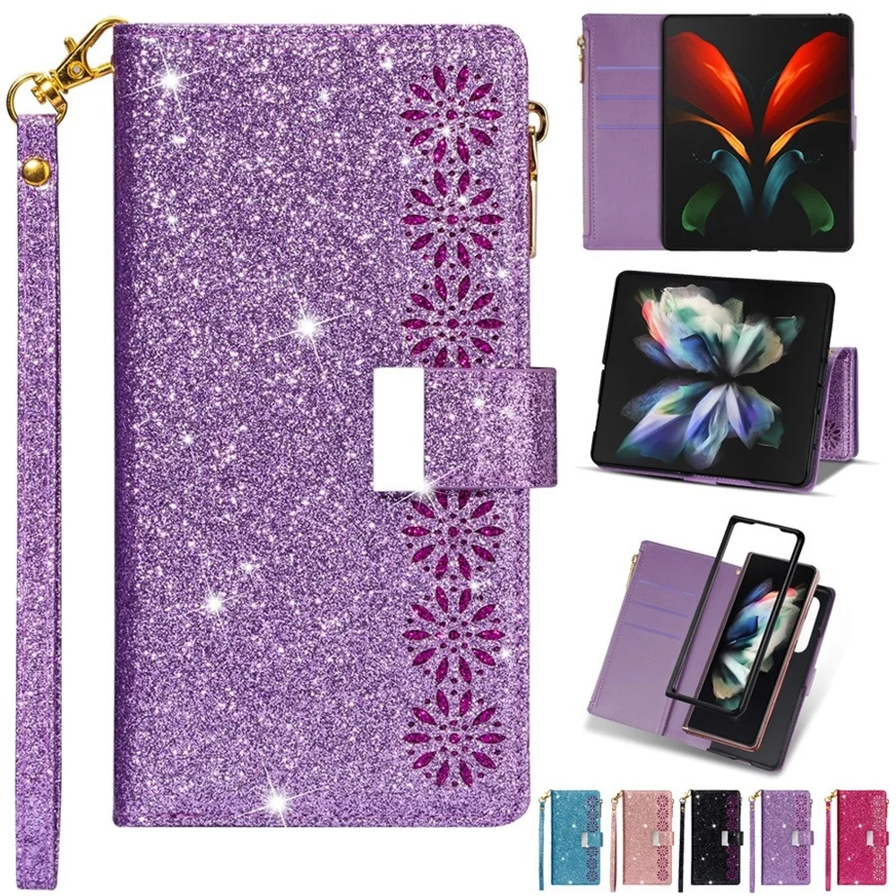

Glitter Bling Wallet Phone Case For Samsung Galaxy Z Fold4 Fold3 Fold 4 3 5G Multi-card Slot Zipper Leather Cover With Strap