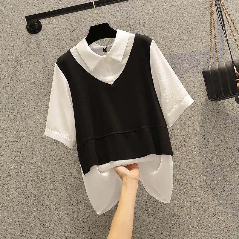 

100% Cotton Shirt Summer New Fashion Fake Two Piece Shirts Korean Short Sleeve Tops Women's Clothing