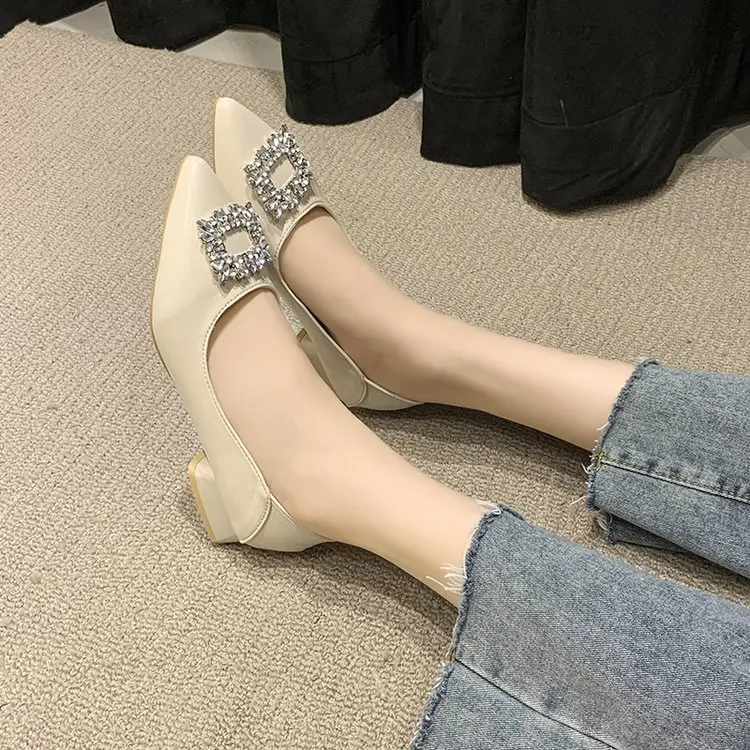 

Luxurious Rhinestone Buckle Decor Point Toe Chunky Heeled Pumps Elegant Party Wedding Shoes Low Heel Comfort Office Work Shoes