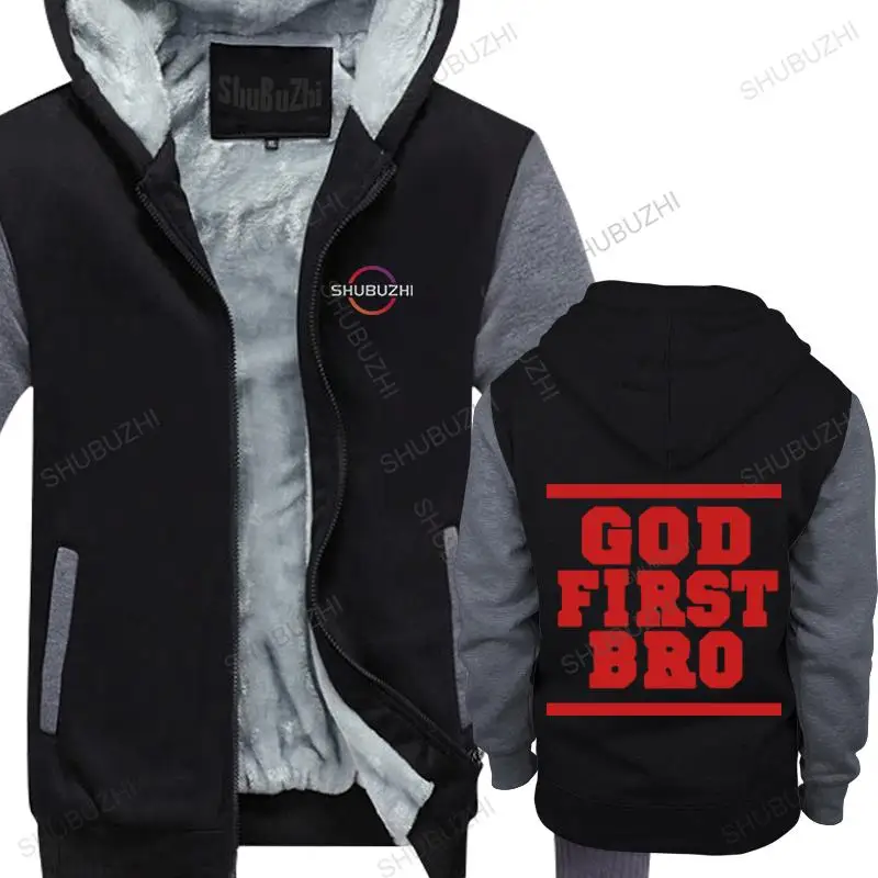 

Cheap Discount New Basic winter style God First Bro Christian Men Cotton fleece hoody warm coat Men uniesx thick zipper jacket