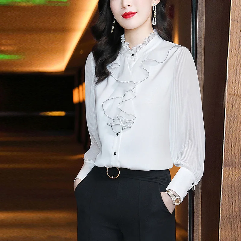 Lace Ruffles Chiffon Blouse for Women Korean Fashion Elegant Temperament Lantern Sleeve Pullovers Pure White Office Lady Shirts