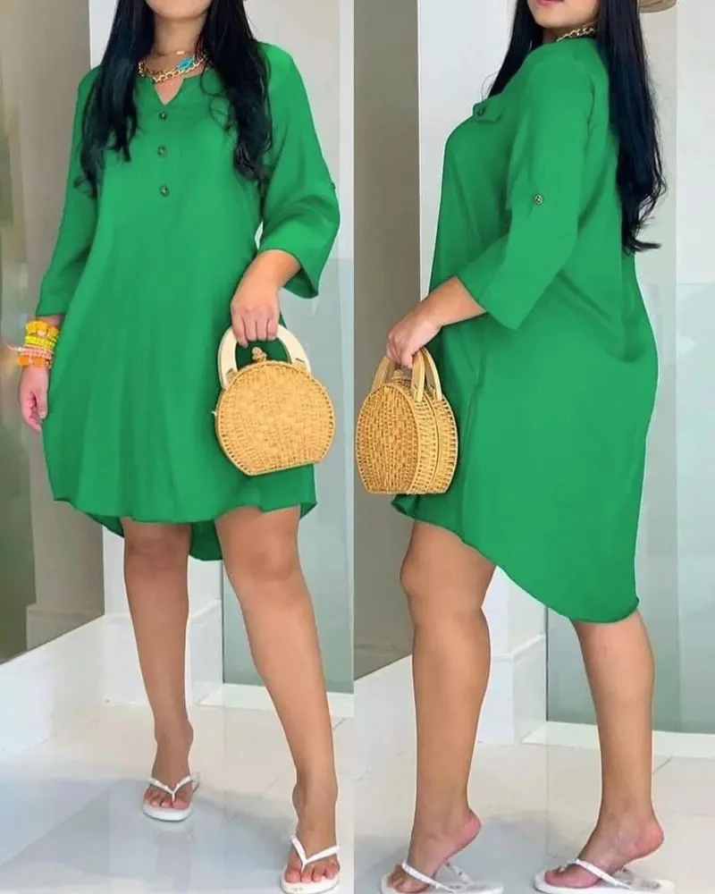 

Button Decor High Low Hem Casual Shirt Dress