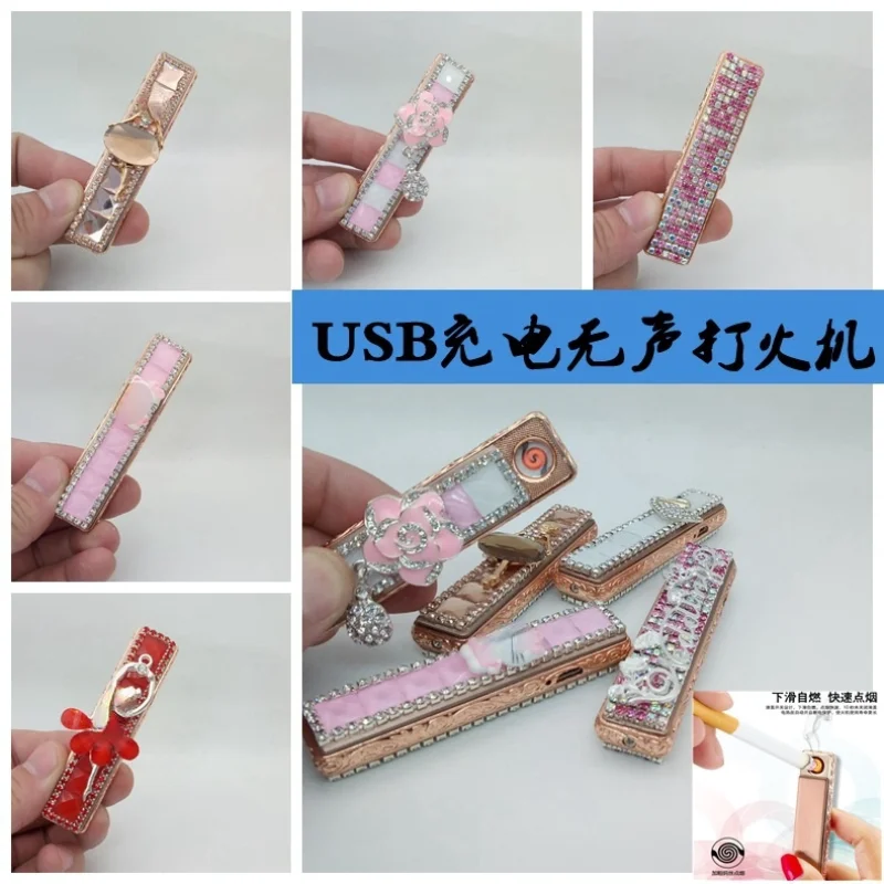 

Women's Diamond-studded Usb Charging Lighter Windproof Personality Ultra-thin Silent Beautiful Beautiful Rhinestone Gift