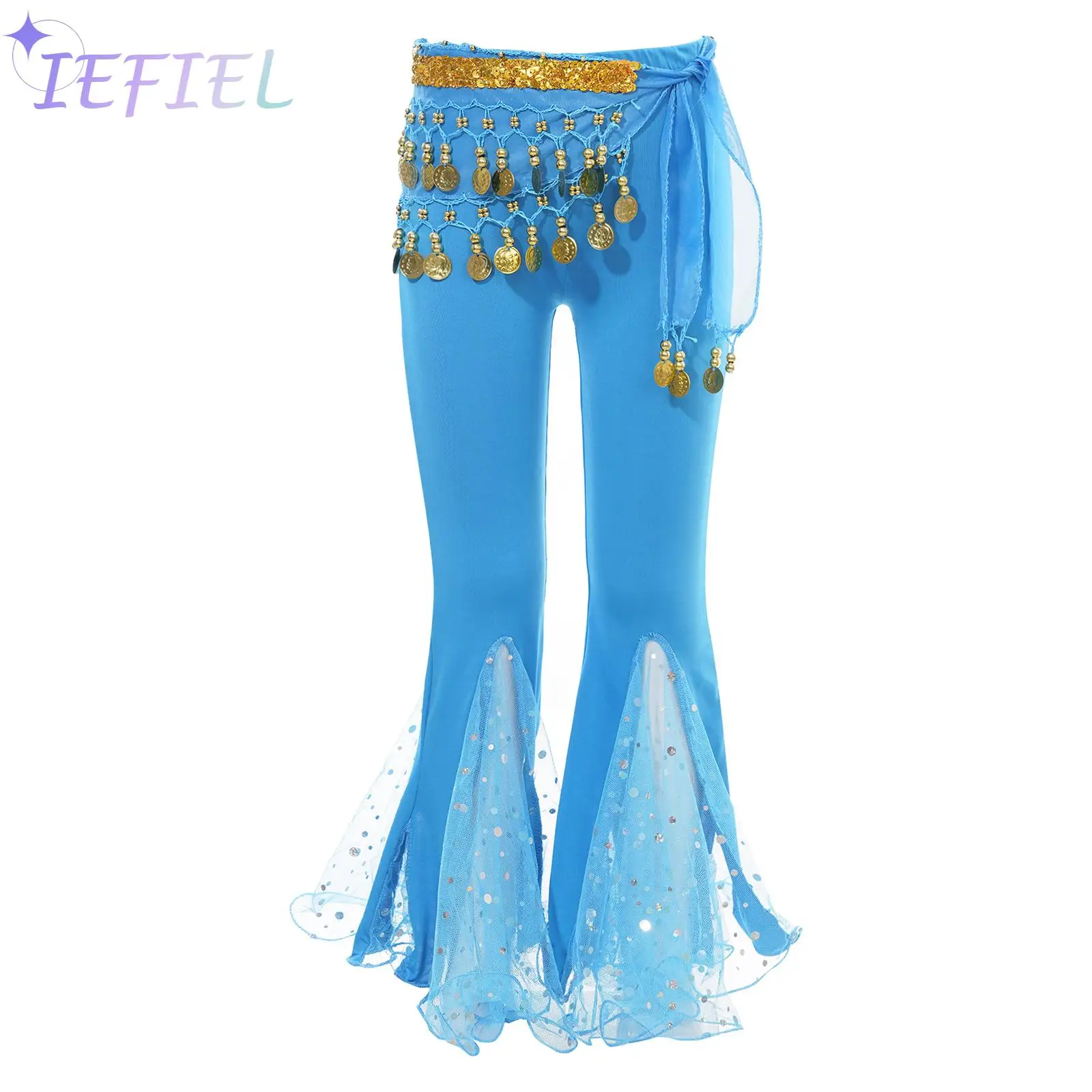 Belly Dance Dancing Performance Wear Clothes Fish Tail Pants Tulle Splice Trousers Bell-bottom Pants with Hip Scarf 2pcs/set