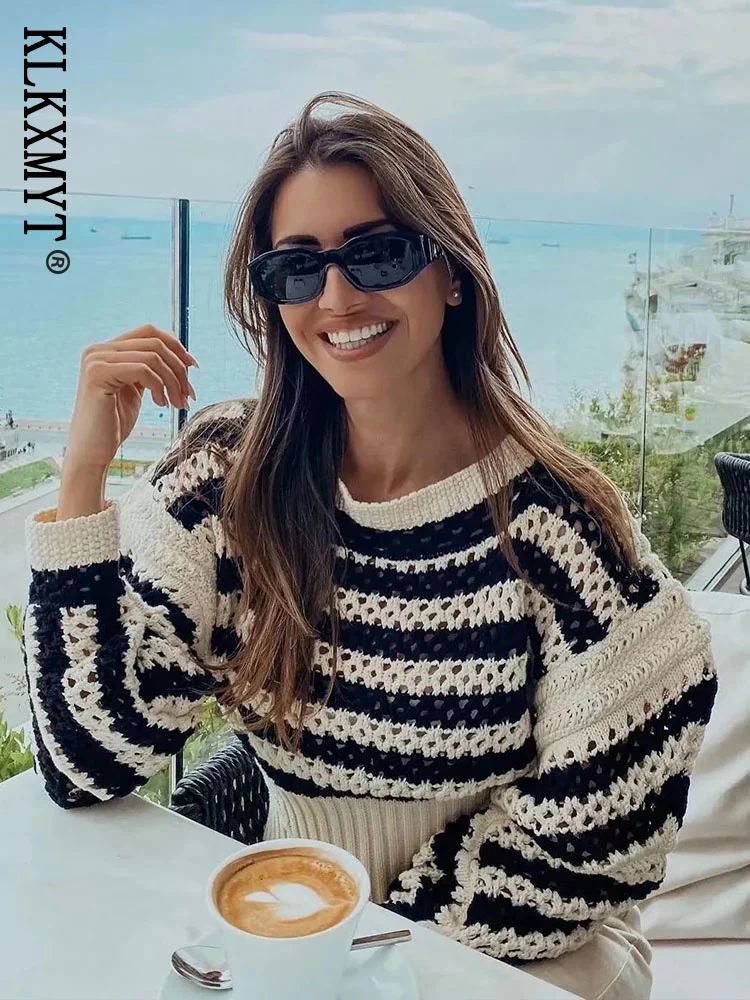 

Женский свитер 2023, модные вязаные свитера в полоску с вырезами, винтажный уличный Женский пуловер с длинным рукавом, топы