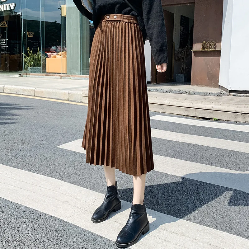 

Woolen Skirt Women's Autumn Winter High Waist Pleated 2022 New Mid-length Slim A-line Thickened Winter Brown Skirt