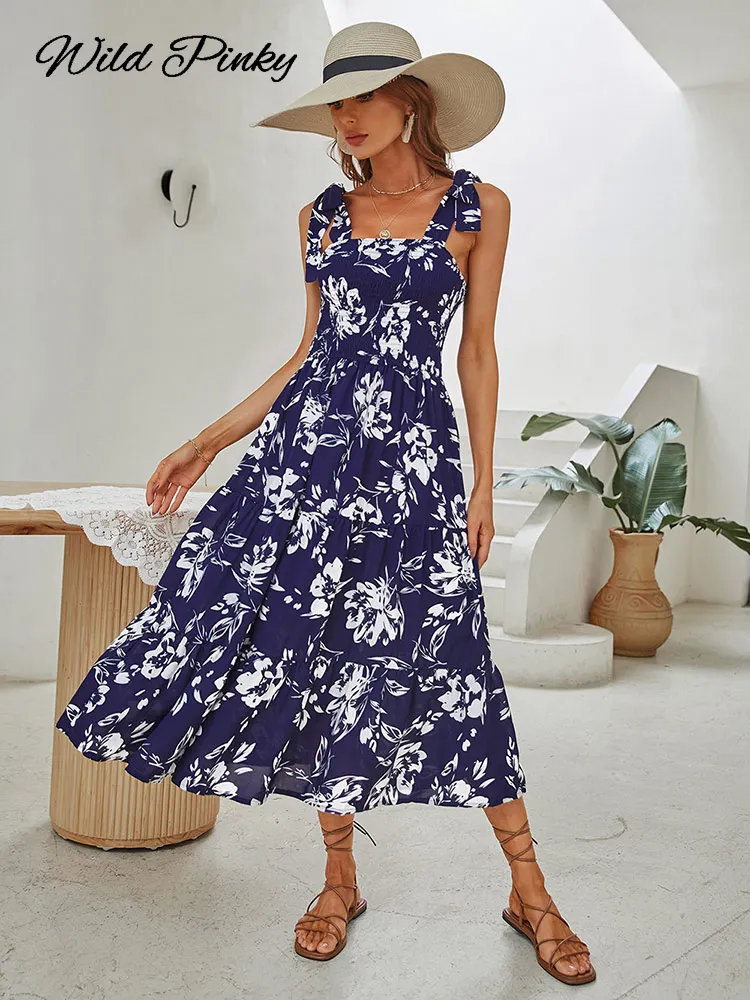 

Платье WildPinky женское на бретельках, праздничное миди-платье с цветочным принтом, повседневное пляжное с высокой талией и оборками, темно-син...
