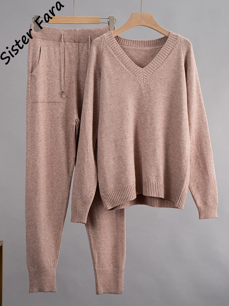 

Sister Fara Winter V-Neck Pullover Sweater Women Knitted 2 Pieces Set Autumn Drawstring Knit Harem Pants Sweater Two Piece Suit