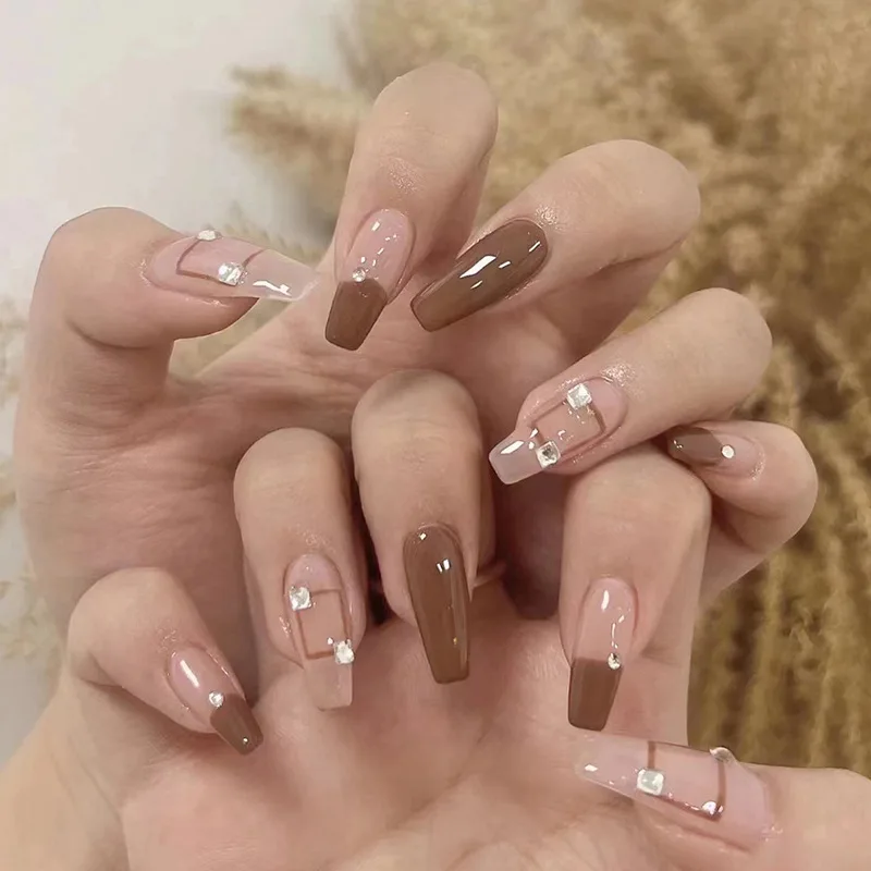 

24Pcs French Ballerina Long Square Nail Tips Wearable False Nails Box Pattern Rhinestone Design Fake Nails Simple Press on Nails