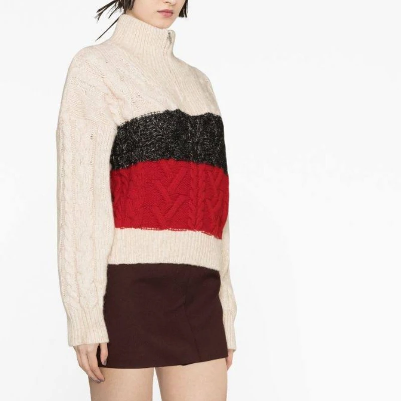

2023 Early Autumn New High Neck Zipper Cable Knit Pullover Ladies Sweater