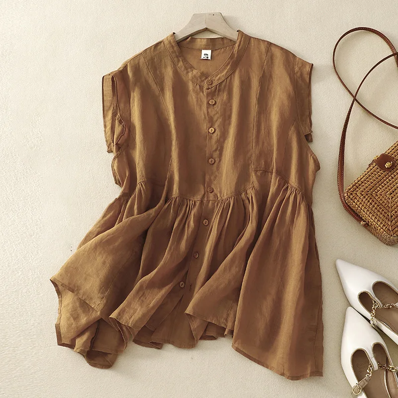 

2023 Summer New Arrivals Women Thin Cotton Linen Blouse Vintage Solid Patchwork Simple Loose Fit Sleeveless Tops Blusa
