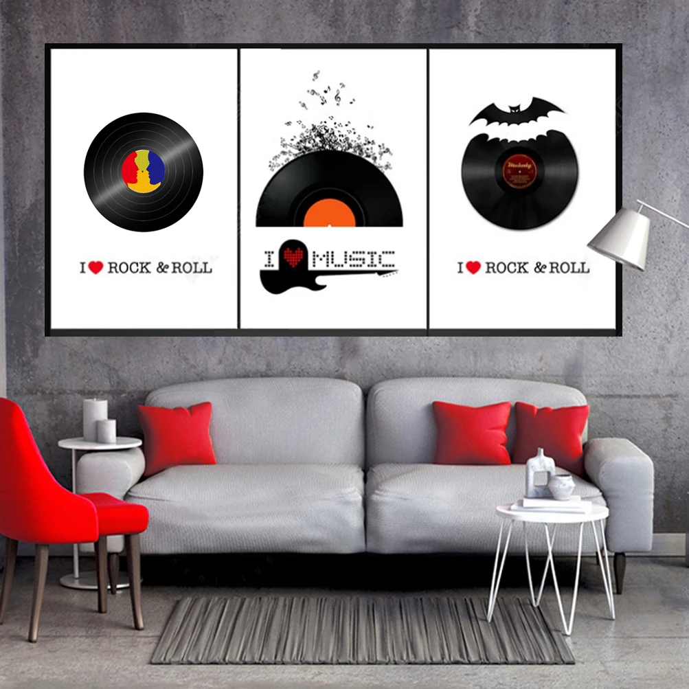 Love and Bat Vinyl Records Art Decoration Painting, Music Theme Room Decoration Painting Canvas Poster Print Modern Home Decor