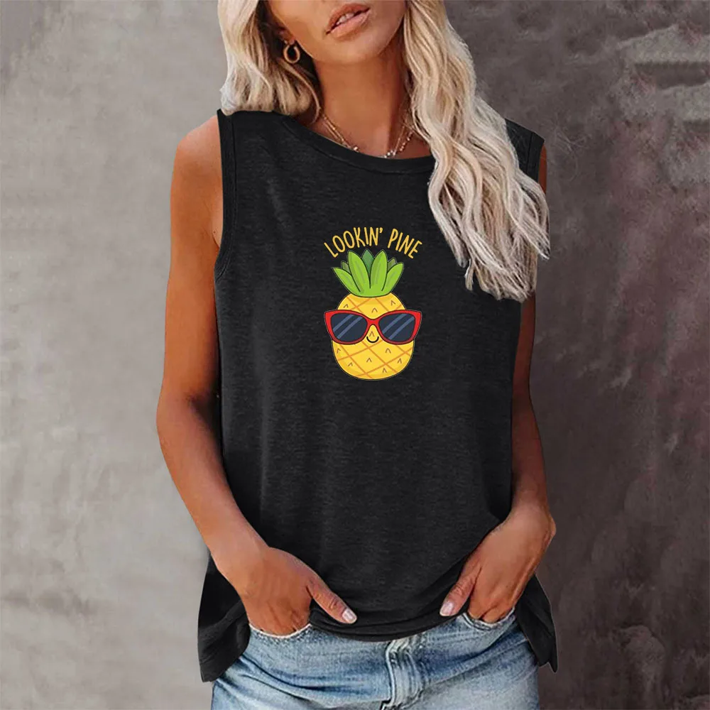 

Seeyoushy LOOKIN PINESummer Casual Loose Women's T-shirt Women's Crewneck Sleeveless T-shirt Harajuku Fashion Clothes for Women