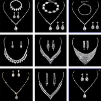 new ladies jewelry set three piece bright full diamond zircon water drop necklace earrings bridal wedding jewelry wholesale