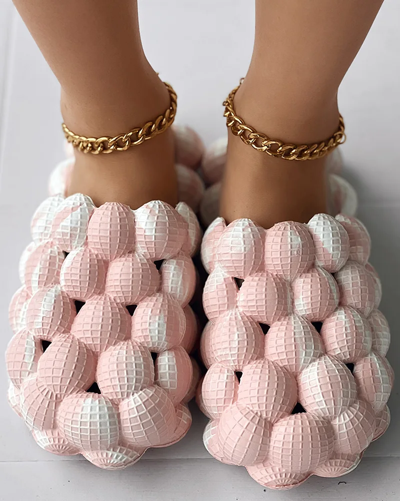 Women Fashion Summer Shoes Flat Homewear Colorblock Non Slip Soft Bubble Slippers Sandals