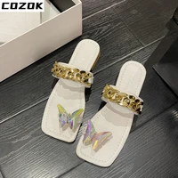 summer designer women shoes flat sandals women 2022 mules shoes crystal butterfly flip flops luxury chain slippers zapatos mujer