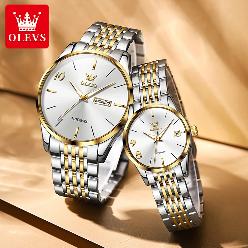 OLEVS Fashion Couple Watches New Waterproof Luminous Simple White Dial Luxury Couple Watch Stainless Steel Strap Weekly Calendar