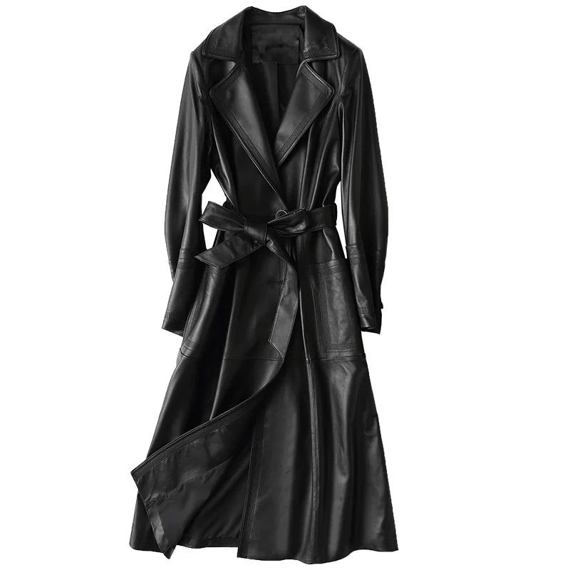 

Женская длинная Байкерская кожаная куртка, Осеннее тонкое байкерское пальто из натуральной овечьей кожи