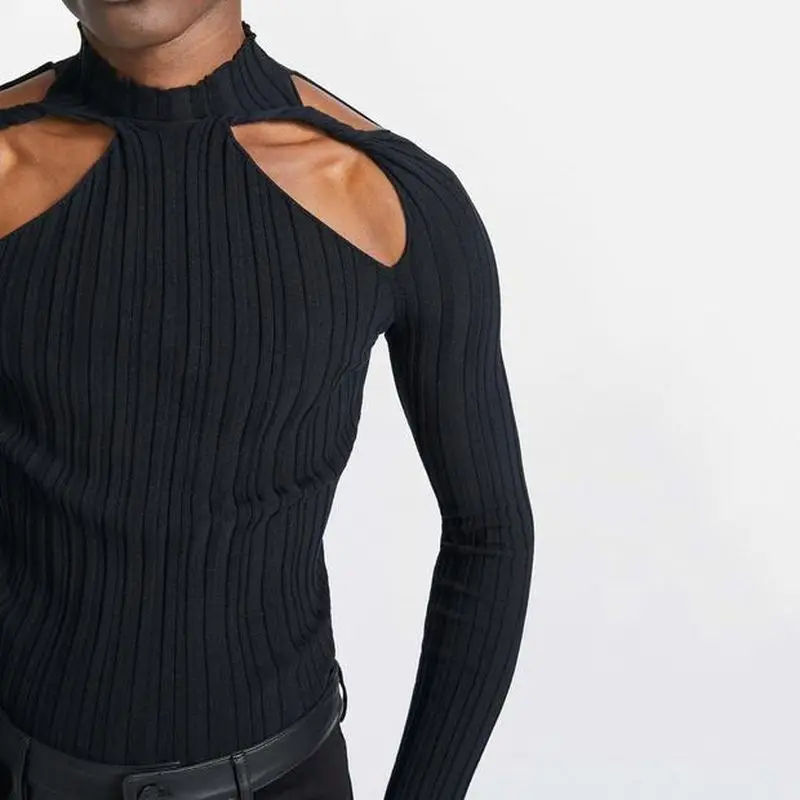 

AIIOU Men's T-shirt Sexy Hollow Long Sleeve Personality Top Bottoming Fashion Black Solid Color Mesh Knit Hollow Out Round Neck