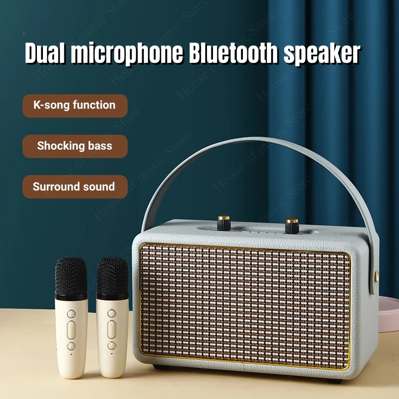 Portable Retro High Power Outdoor Party Bluetooth Speakers Wireless Karaoke Boombox with 2 Microphone for Adults Kids Singing