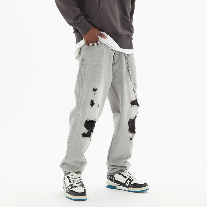 Men's Jeans Ripped Light Grey Front and Back Men and Women Clothing Hip Hop Y2k Pants Men Streetwear Brand High Quality Jeans