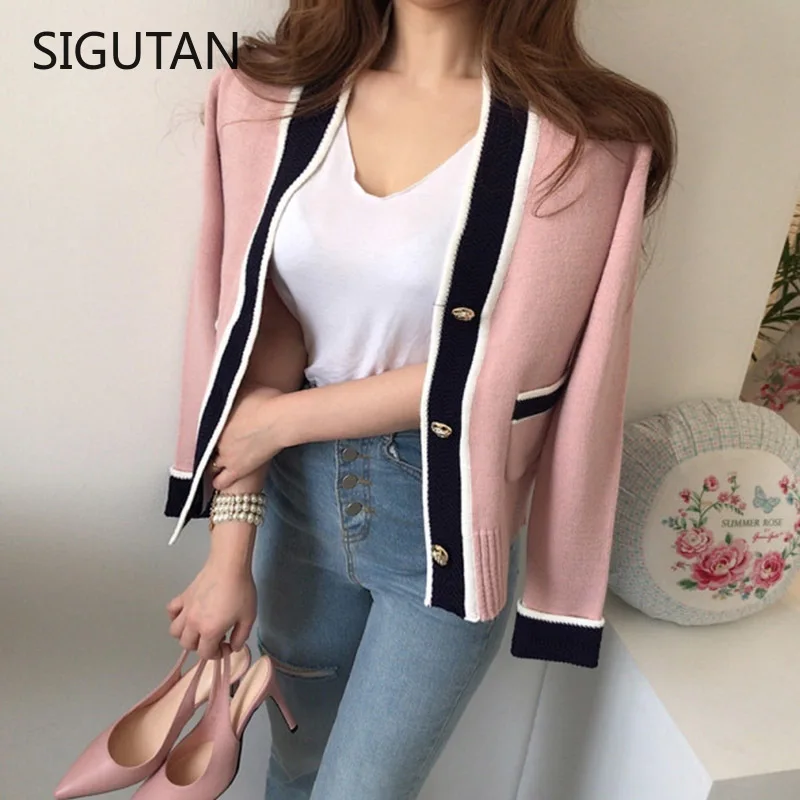 

New Autumn Winter Women Sweaters V-Neck Patchwork Blue Pink Cardigan Fashion Pocket Korean Knitwear Women Outwear