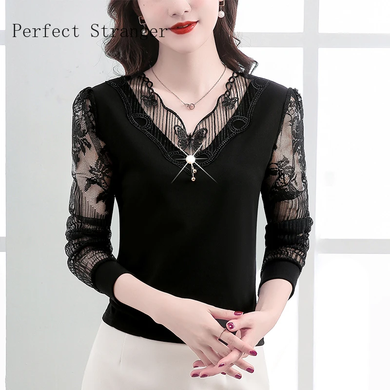 

M-5XL 2022 Spring Women Clothing Elegant Lace Shirt Patchwork Chiffon Blouse Long Sleeve V Neck Casual Hollow out Tops