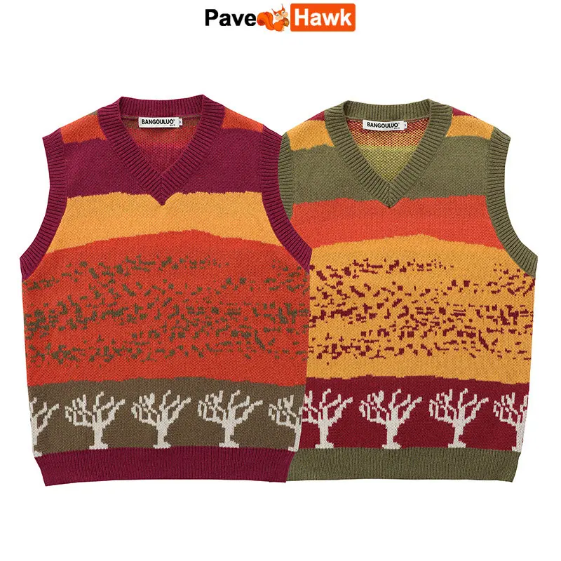 

Colorblock Knitted Vest Women Men Jumpers Y2k Retro Oversized Knitted Ugly Sleeveless Sweaters Causal V Neck Pullovers 2022 New
