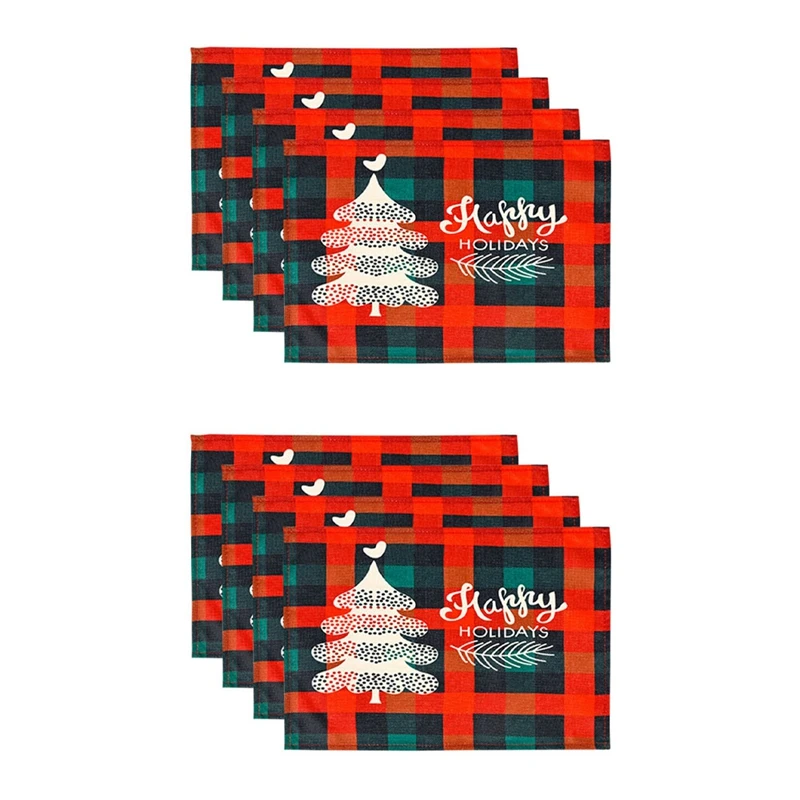 

Christmas Placemats Set Of 8, With Plaid Printed, Washable Xmas New Year Table Mats For Table Kitchen Decorations, D