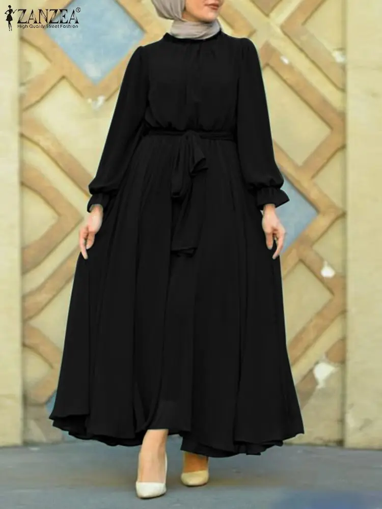 

ZANZEA 20222 Stylish Muslim Dress Women Sundress Bow Puff Sleeve Maxi Vestidos Casual Female Islamic Clothing Turkish Robe Femme