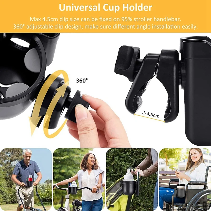 Pram Cup Holder, Stroller Cup And Phone Holder, Universal Coffee Drink Bottle Organizer With 2 Buggy Clips Hooks