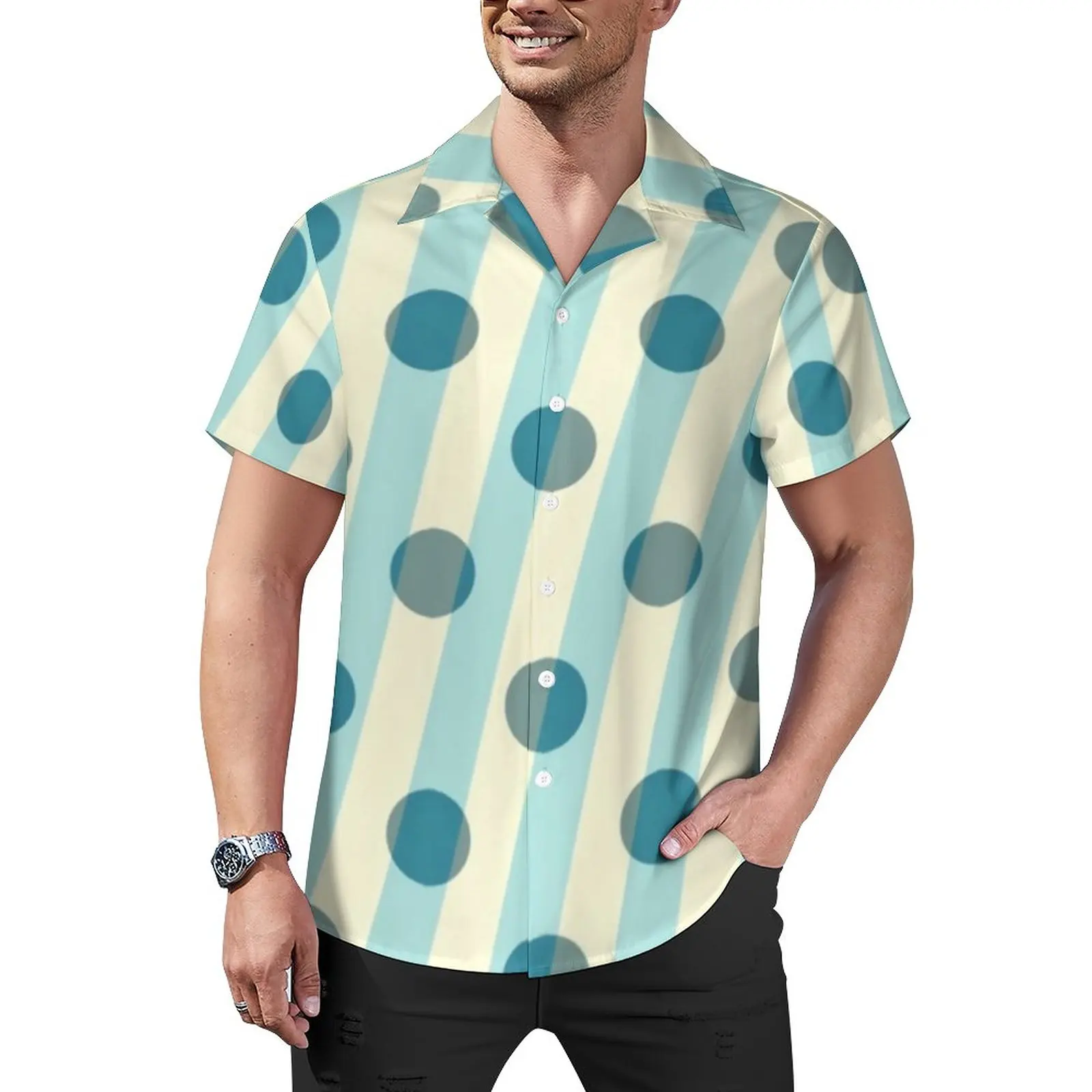 

Dots And Stripes Casual Shirt Modern Art Beach Loose Shirt Summer Vintage Blouses Short Sleeve Graphic Oversized Clothing