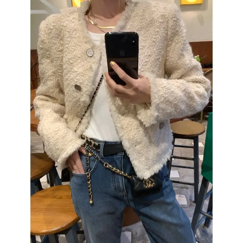 

2022 Women Tweed Outerwear Autumn Winter Korean Fashion Single Breasted Tassel Blends Wool Female Long Sleeve Jacket Coat E113