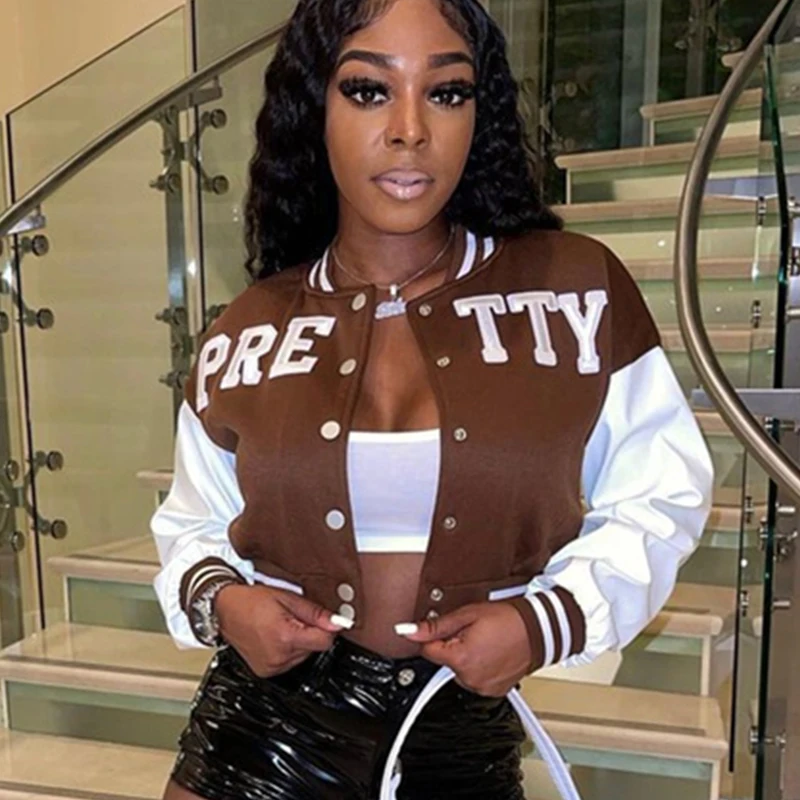 

Fashion Letter Print Patchwork Jacket For Women Winter Outfits Buttons Long Sleeve Crop Top Female Street Black Coats Wholesale
