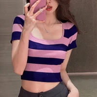new summer women girl europe and america round neck retro striped pattern short sleeve beach sunscreen sports outdoor top