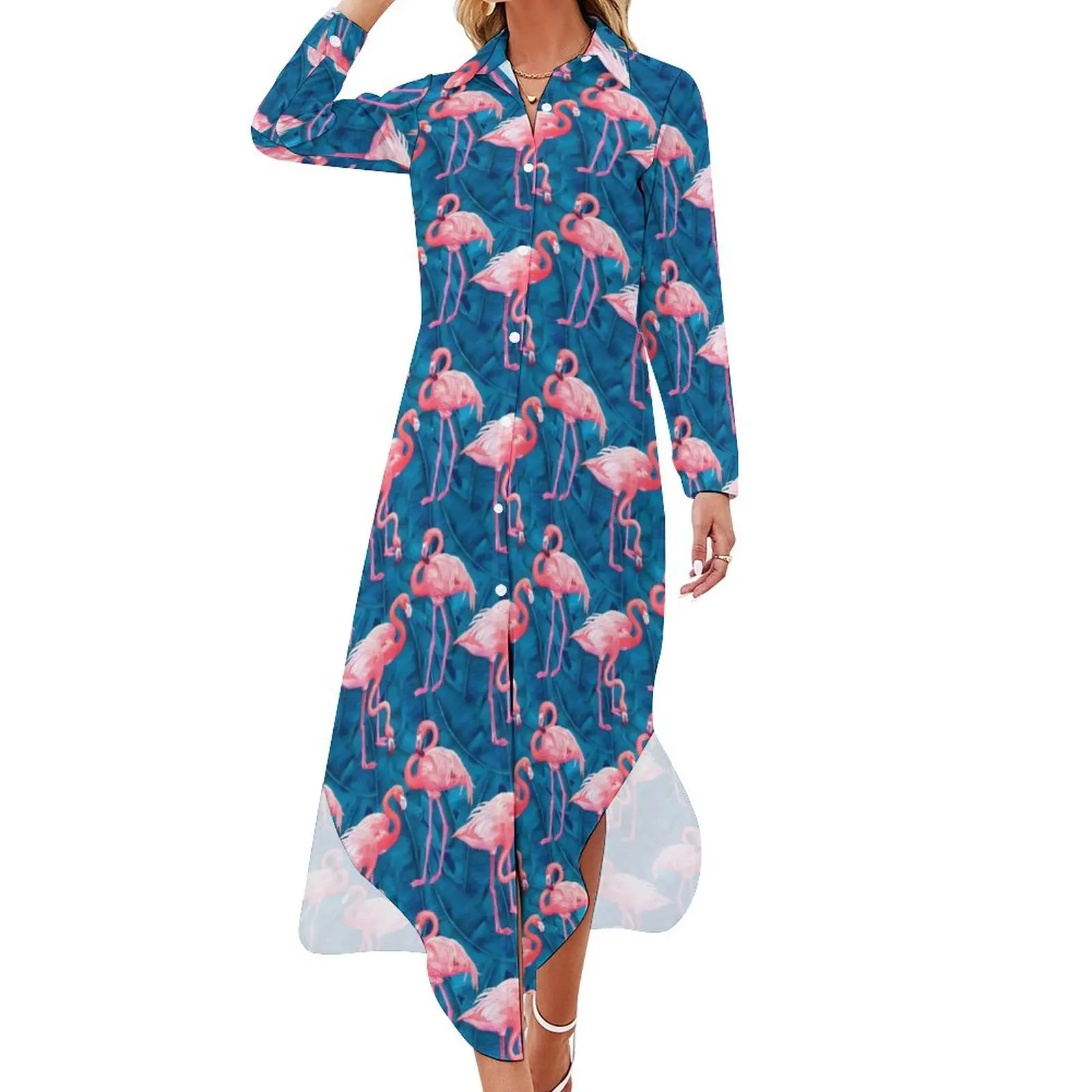 

Tropical Birds Casual Dress Flamingos And Leaves Stylish Dresses Sexy V Neck Cute Chiffon Dress Long Sleeve Vestido 3XL 4XL 5XL