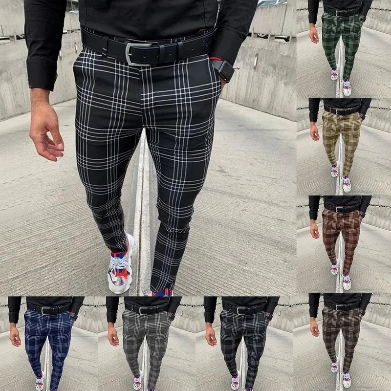 

Men's Casual Pants Plaid Social Slim Fit Black Trousers Zipper Mid Waist Skinny Business Office Work Party Male Summer Stretchy