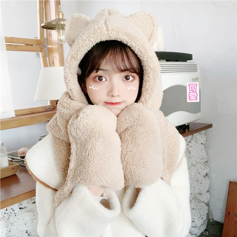 

Winter Warm Women Hoodie Gloves Pocket Earflap Hat Long Scarf Shawl Wraps Cute for CAT Ears Cold Weather Fleece Neck Warmer