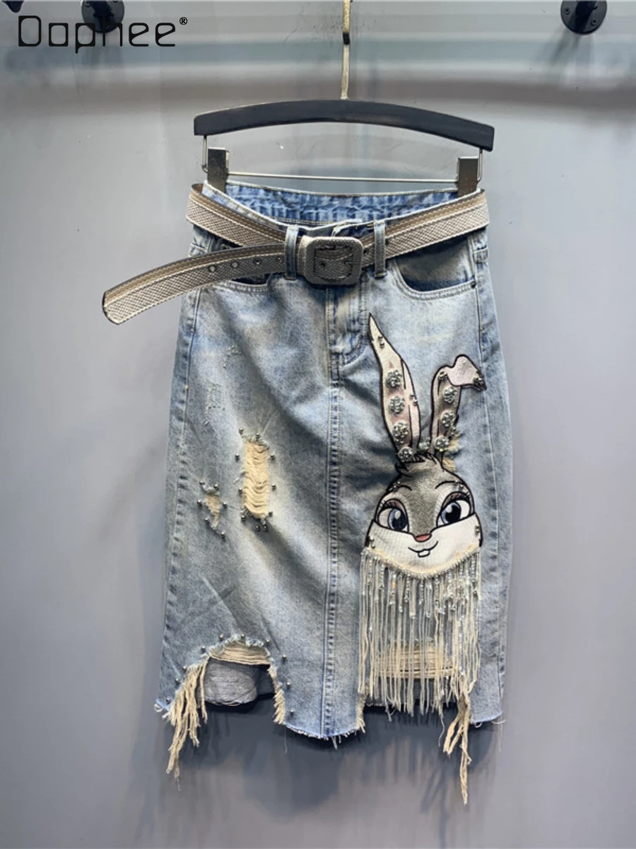 

Summer New Embroidery Tassel High Waist Hip Skirt Women’s Three-Dimensional Decoration Hand Frayed Denim Skirt Above Knee Skirt