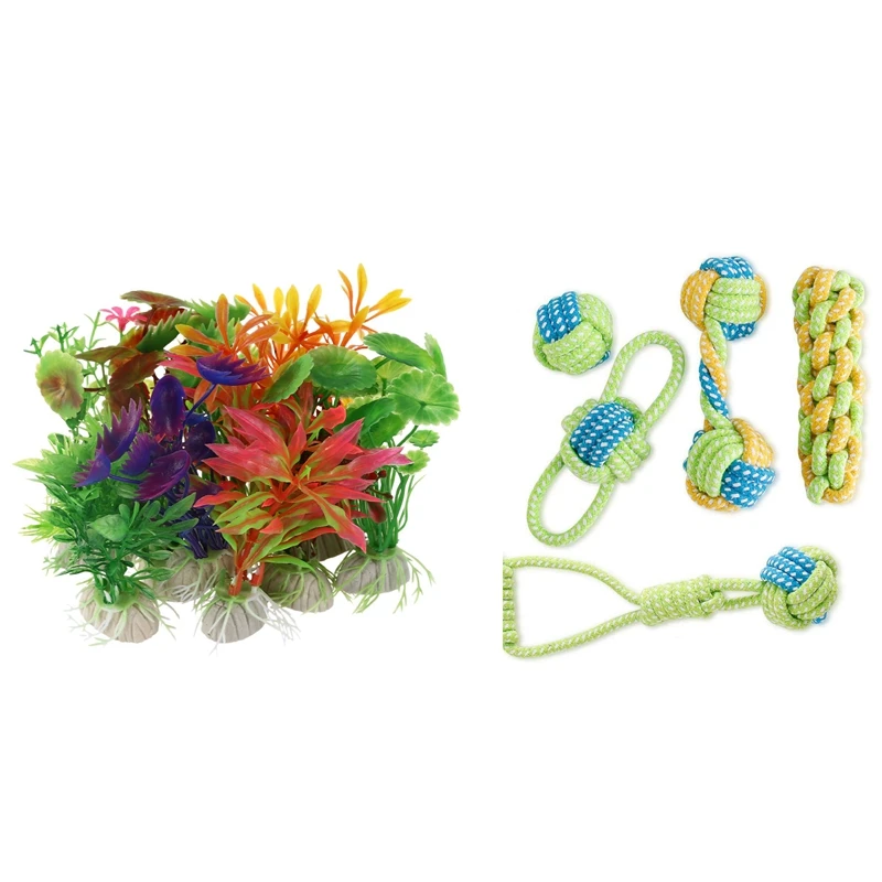 

10 X Mixed Artificial Aquarium Fish Tank Water Plant Plastic & 5X Small Dog Puppy Rope Chew Toys Teething Clean