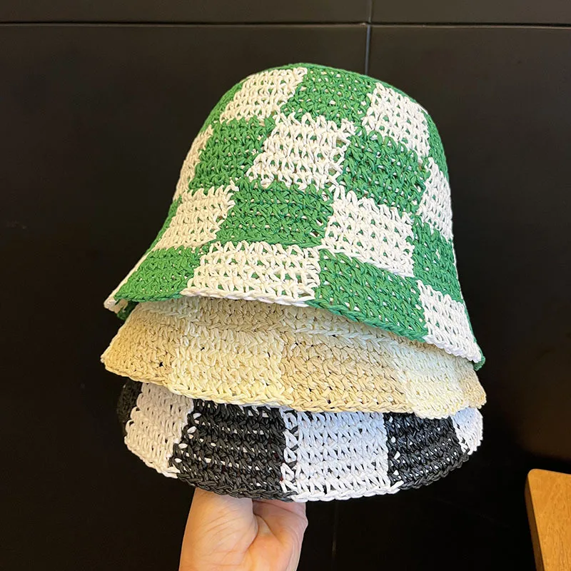 

2022 Women Hat Plaid Straw Hat Bucket Hat Patchwork Sun Visor Crochet Ladies Straw Hat Cap for Women Wholesale bucket hat men