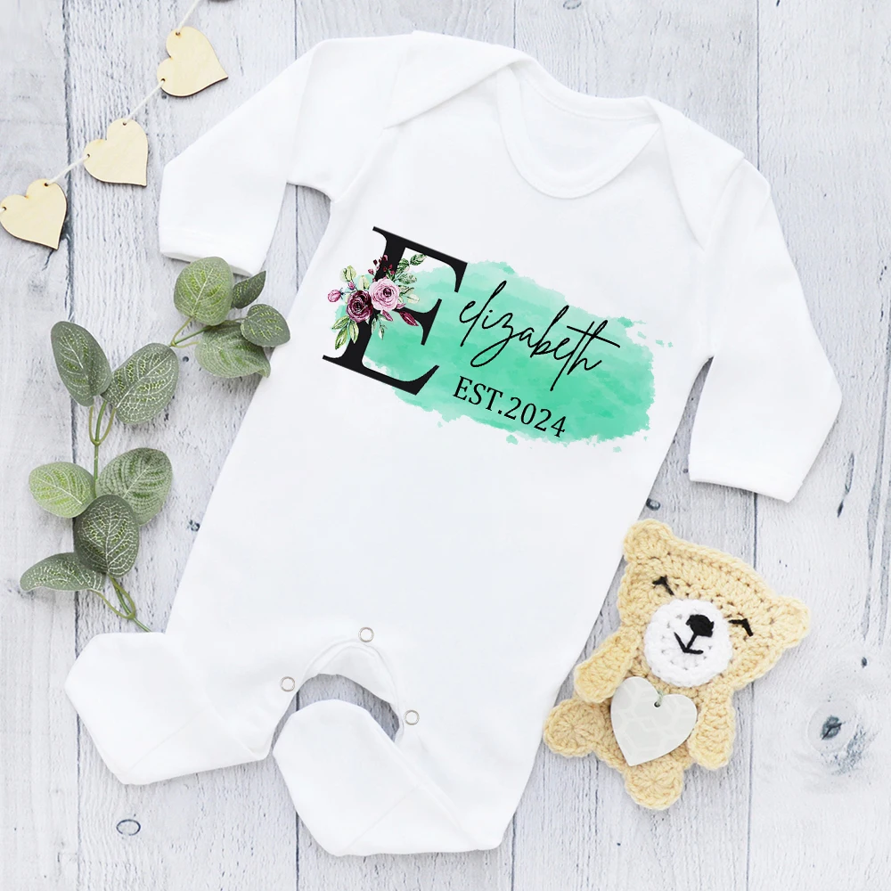 

Custom Babygrow Sleepsuit Watercolor Floral Letter Infant Sleepsuit Coming Home Outfit Personalised Bodysuit Newbron Shower Gift